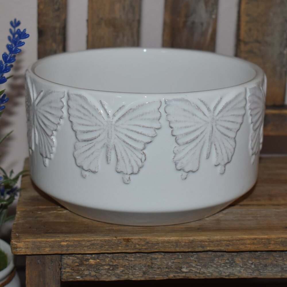 Spring Cottagecore White Butterflies Ceramic Garden Planter Dish Decor